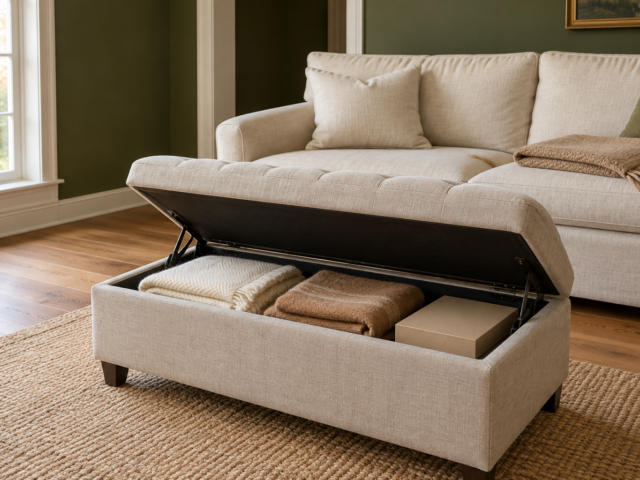 A linen storage ottoman with its lid open to show folded blankets, in front of a cream sofa in an olive green living room.