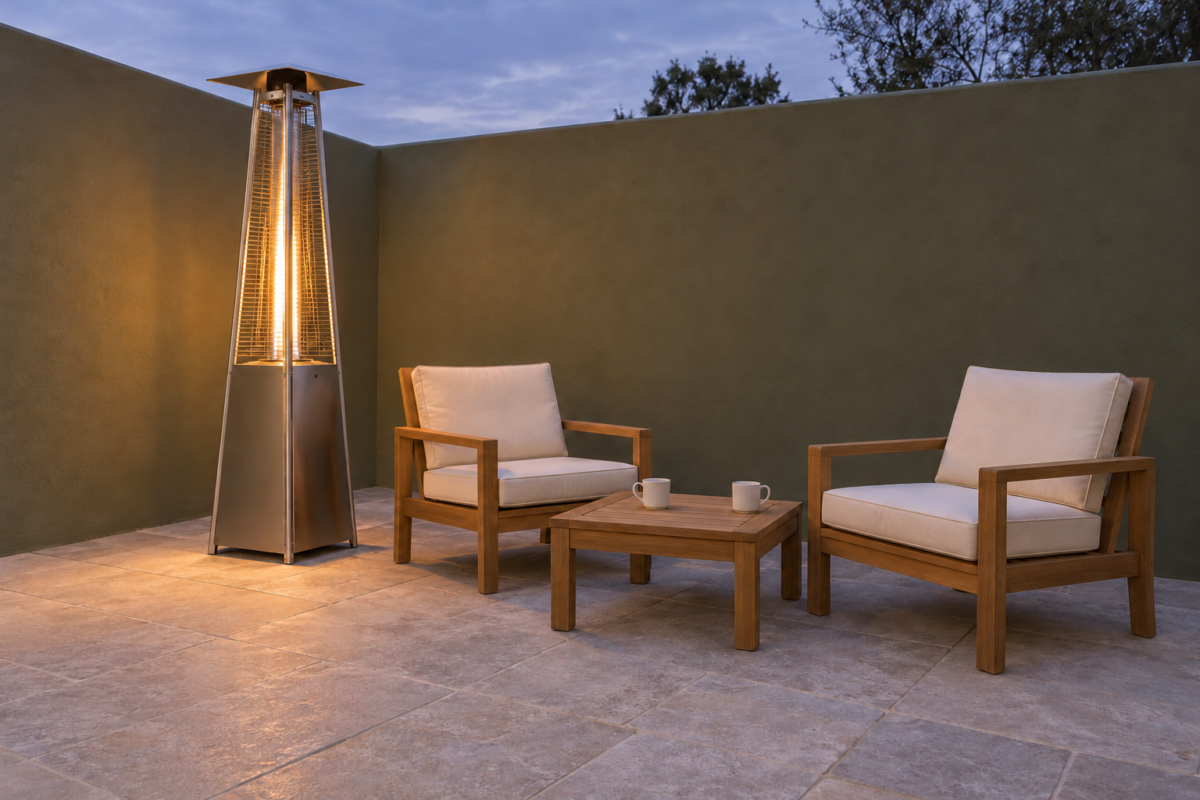 A lit pyramid patio heater with a glass flame tube beside two teak chairs and a small table on a patio with an olive green wall.