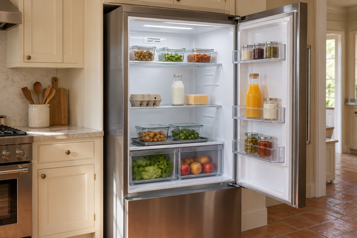 An open refrigerator organized shelf by shelf, with jars on the door, leftovers in glass containers, and produce in the drawers, in a kitchen with cream cabinets and a terracotta tile floor.