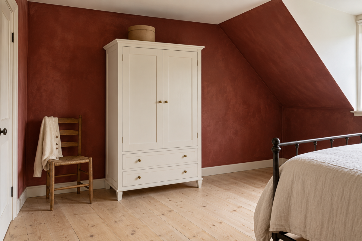 A white painted armoire with shaker doors and brass knobs against a deep red limewashed wall in an attic bedroom, beside an iron bed.