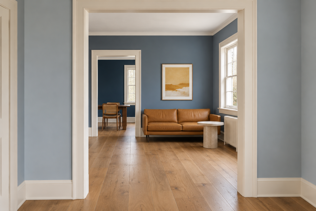 A wide cased opening from a pale blue gray hall into a slate blue living room, with warm white woodwork, a camel leather sofa, and the ink blue dining room visible through a second doorway.