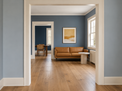 A wide cased opening from a pale blue gray hall into a slate blue living room, with warm white woodwork, a camel leather sofa, and the ink blue dining room visible through a second doorway.
