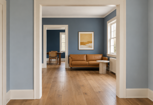 A wide cased opening from a pale blue gray hall into a slate blue living room, with warm white woodwork, a camel leather sofa, and the ink blue dining room visible through a second doorway.