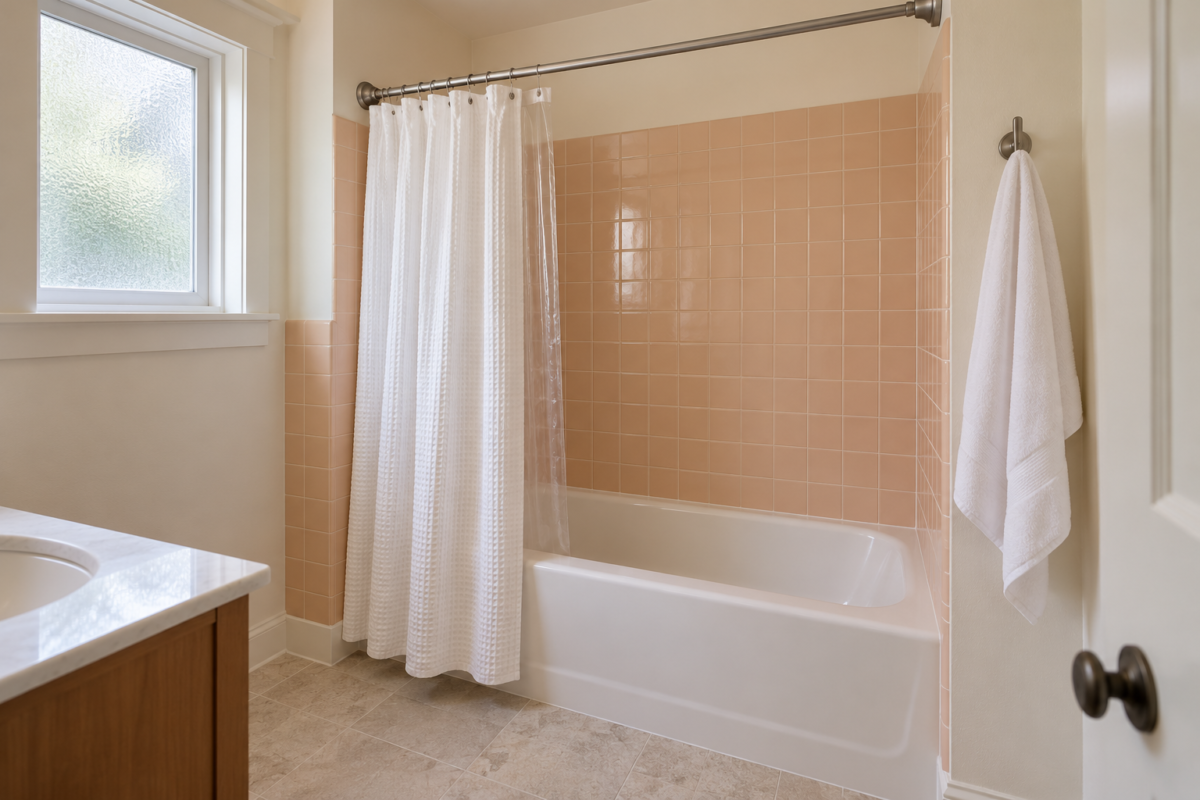 A bathroom with peach glazed square tile and warm white plaster above, a white alcove tub, and a white waffle cotton shower curtain hung from a brushed nickel rod a little above head height.