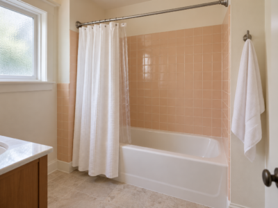 A bathroom with peach glazed square tile and warm white plaster above, a white alcove tub, and a white waffle cotton shower curtain hung from a brushed nickel rod a little above head height.