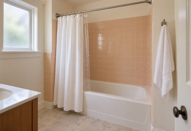 A bathroom with peach glazed square tile and warm white plaster above, a white alcove tub, and a white waffle cotton shower curtain hung from a brushed nickel rod a little above head height.