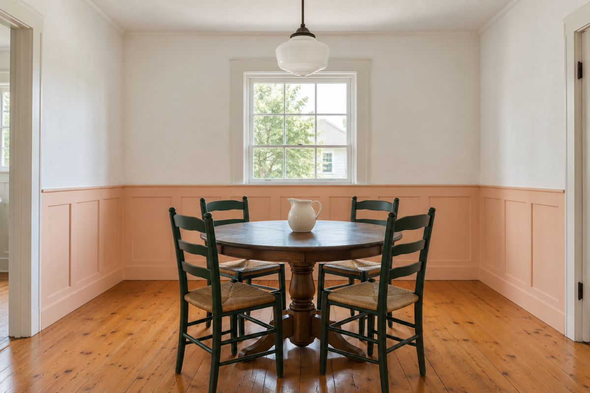 A dining room with peach flat-panel wainscoting on the lower third of the wall and white wall above, around a round table.