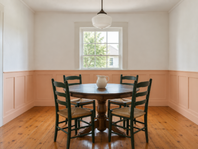 A dining room with peach flat-panel wainscoting on the lower third of the wall and white wall above, around a round table.
