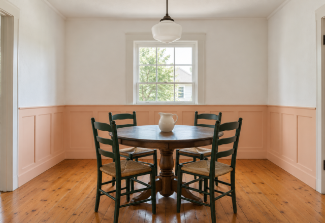 A dining room with peach flat-panel wainscoting on the lower third of the wall and white wall above, around a round table.
