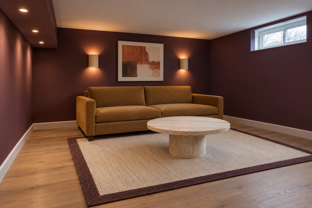 A finished basement family room with deep plum walls, a low ceiling with a soffit along one side carrying small lights, a low ochre corduroy sofa, and wall lights washing the walls.
