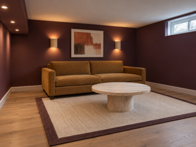 A finished basement family room with deep plum walls, a low ceiling with a soffit along one side carrying small lights, a low ochre corduroy sofa, and wall lights washing the walls.