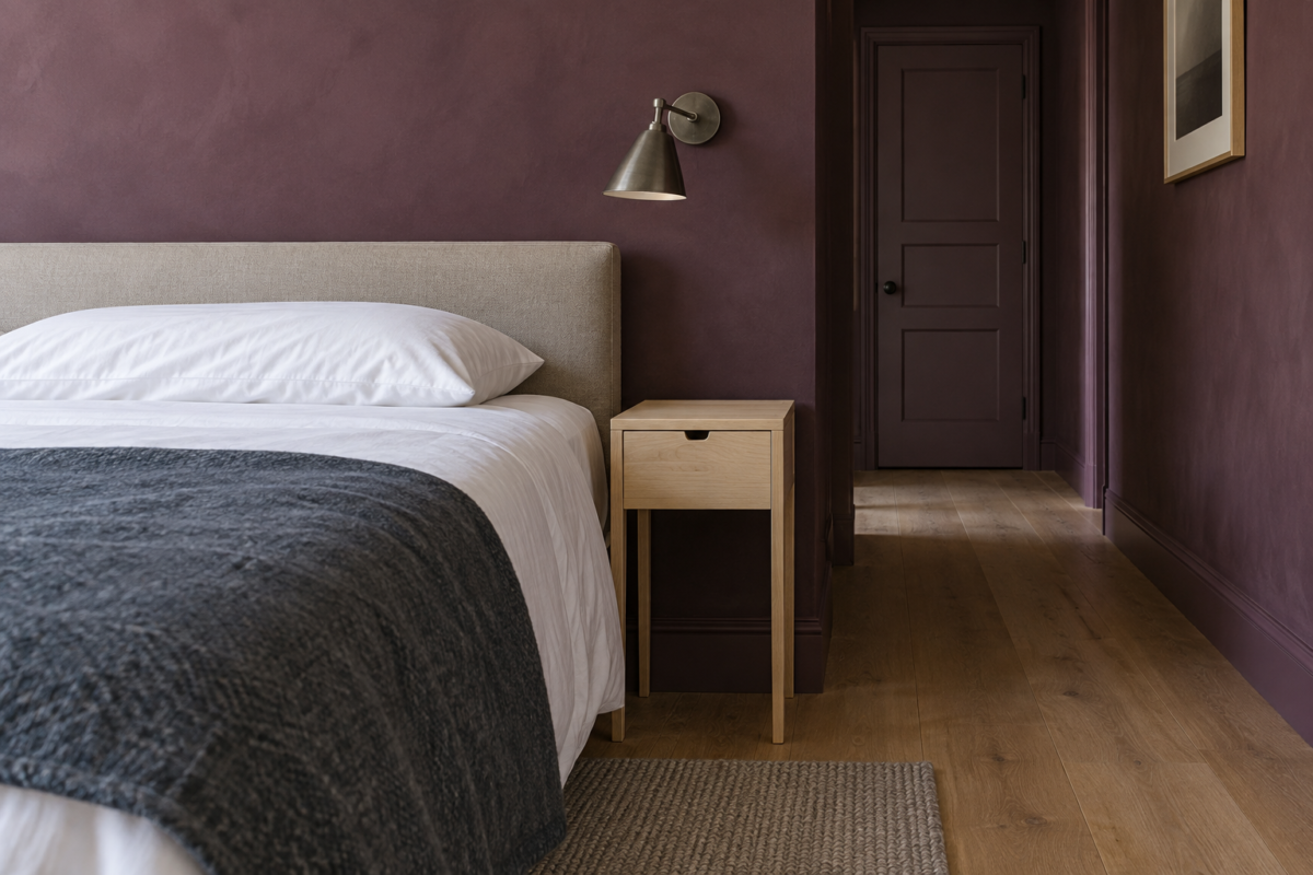 A slim pale maple nightstand level with the mattress beside a white-sheeted bed against a plum limewashed wall, with a pewter wall light above it.