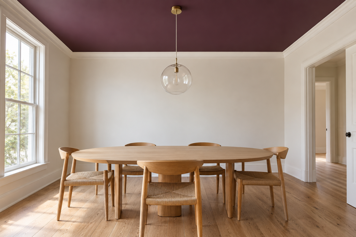 A dining room with warm white walls and a ceiling painted a deep plum, a glass globe pendant hanging over a pale oak table with six chairs.