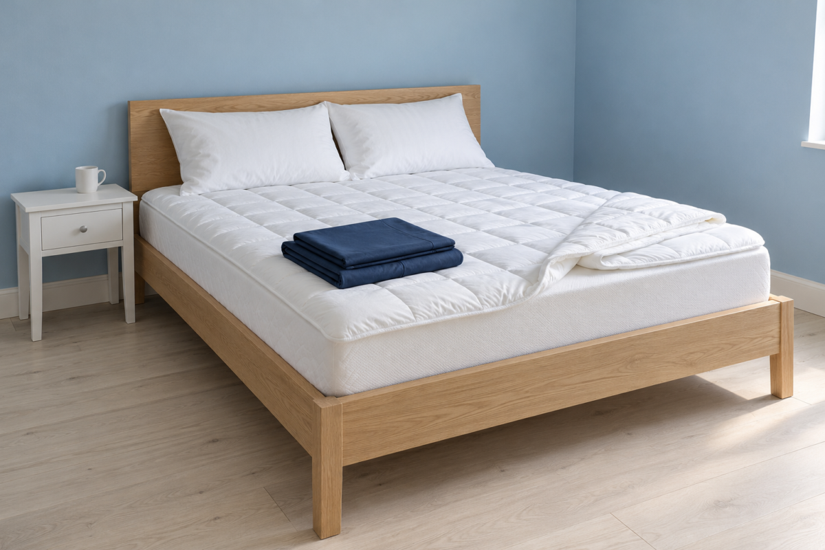A white quilted mattress topper on a bed with one corner folded back, in a bedroom with powder blue walls.