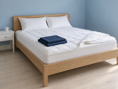 A white quilted mattress topper on a bed with one corner folded back, in a bedroom with powder blue walls.
