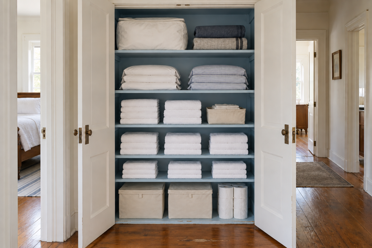 An open linen closet with a powder-blue interior, sheet sets in pillowcases, stacked white towels, and bins on the floor.