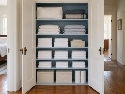 An open linen closet with a powder-blue interior, sheet sets in pillowcases, stacked white towels, and bins on the floor.