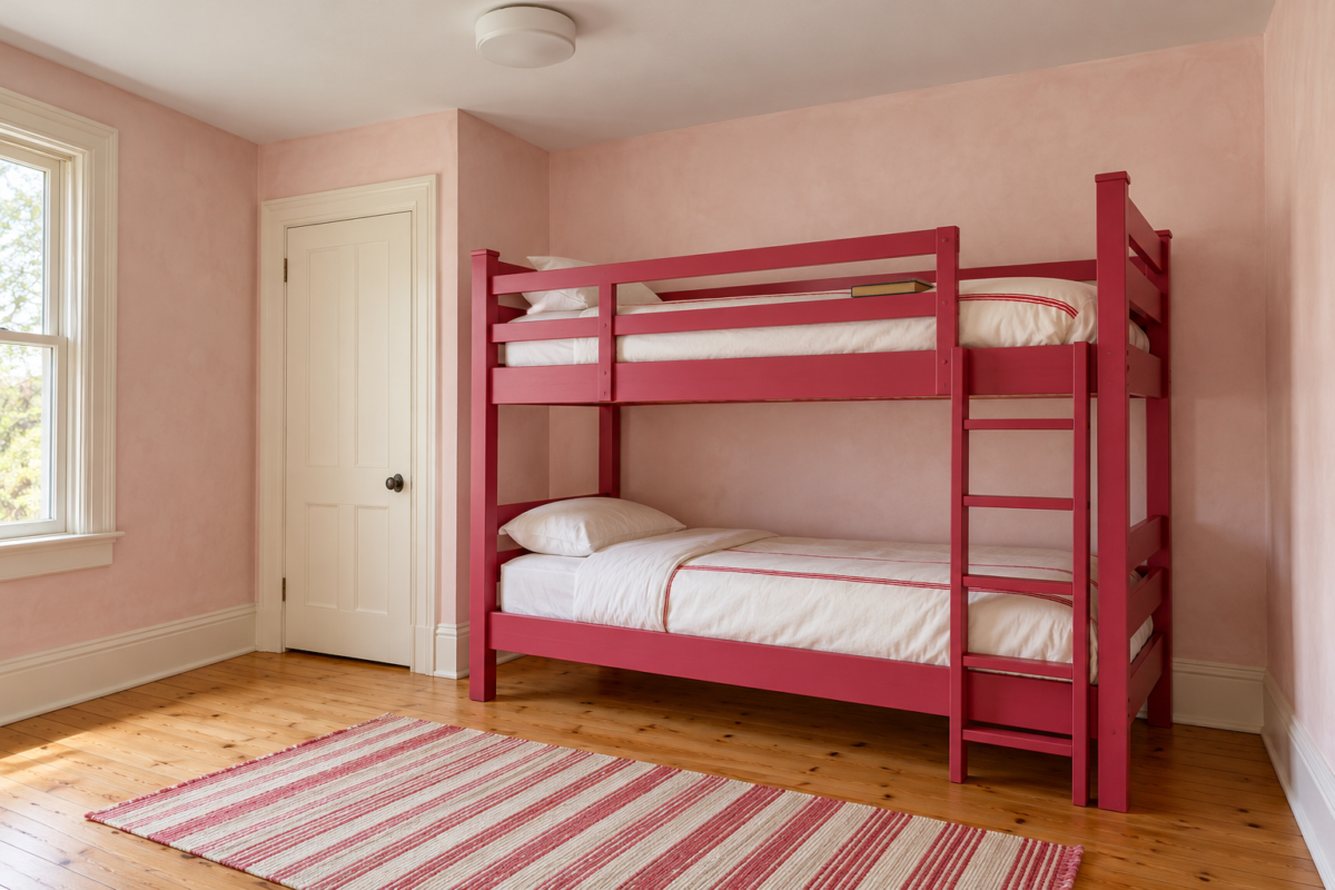 A twin bunk bed painted raspberry pink against a pale pink plaster wall, with guardrails on the top bunk, a fixed ladder, and clear space between the top mattress and the white ceiling.