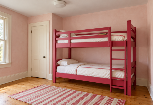 A twin bunk bed painted raspberry pink against a pale pink plaster wall, with guardrails on the top bunk, a fixed ladder, and clear space between the top mattress and the white ceiling.