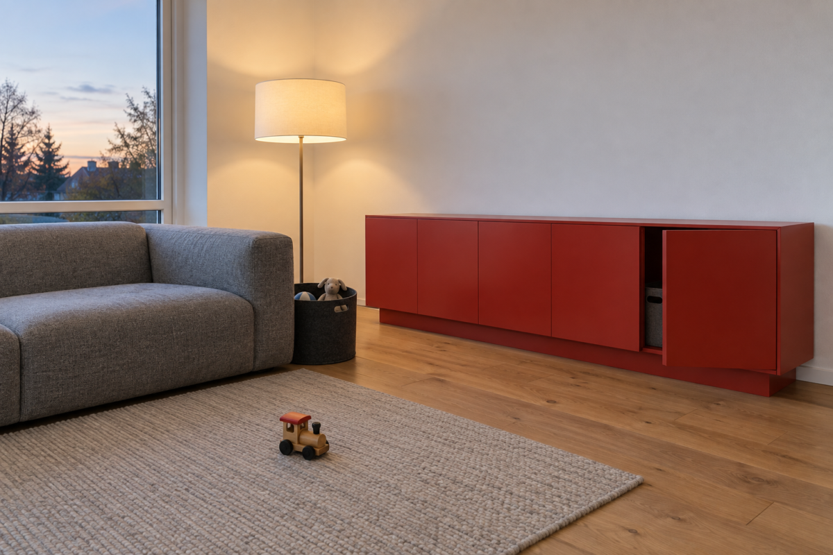 A living room with a long tomato red sideboard, its doors nearly closed, a basket of toys by the sofa, and one toy train on the rug.