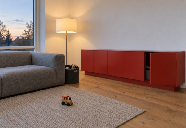 A living room with a long tomato red sideboard, its doors nearly closed, a basket of toys by the sofa, and one toy train on the rug.