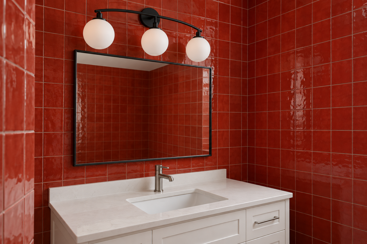 A matte black three-globe vanity light with opal glass above a black-framed mirror on a glossy red tiled wall, over a white vanity.