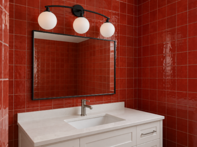 A matte black three-globe vanity light with opal glass above a black-framed mirror on a glossy red tiled wall, over a white vanity.