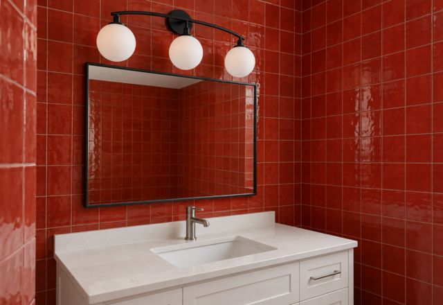 A matte black three-globe vanity light with opal glass above a black-framed mirror on a glossy red tiled wall, over a white vanity.