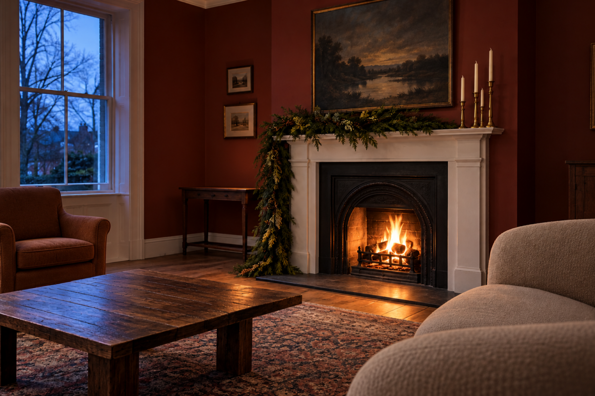 A white fireplace mantel on a deep red wall, dressed with a cedar garland and brass candlesticks, with a fire burning below.