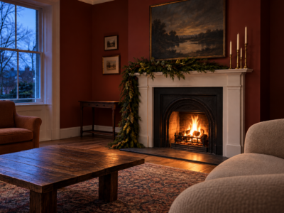 A white fireplace mantel on a deep red wall, dressed with a cedar garland and brass candlesticks, with a fire burning below.