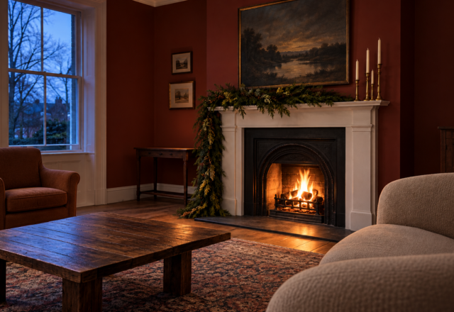 A white fireplace mantel on a deep red wall, dressed with a cedar garland and brass candlesticks, with a fire burning below.