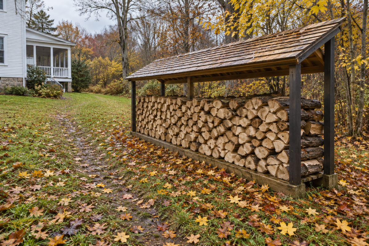 A long stack of split firewood under a small shingled roof at the edge of a yard, with fallen maple leaves on the grass.