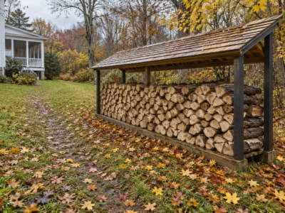 A long stack of split firewood under a small shingled roof at the edge of a yard, with fallen maple leaves on the grass.