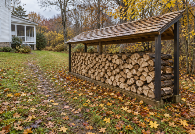 A long stack of split firewood under a small shingled roof at the edge of a yard, with fallen maple leaves on the grass.