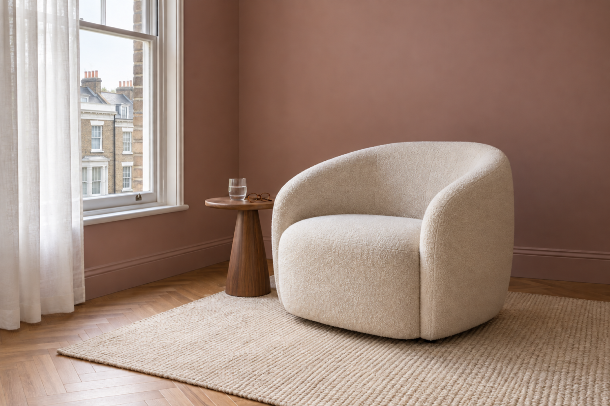 An ivory boucle armchair beside a small walnut table, by a sash window in a living room with dusty rose walls.