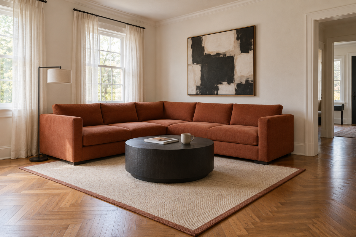 A rust colored L-shaped sectional with a low tight back in the corner of a warm white living room with a herringbone oak floor, a round blackened oak coffee table in front and clear floor around it.