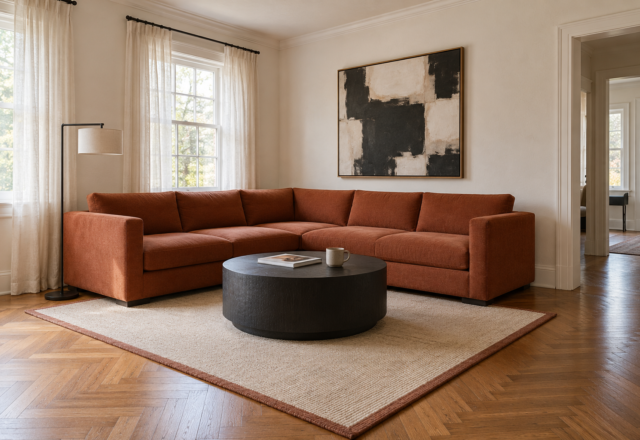 A rust colored L-shaped sectional with a low tight back in the corner of a warm white living room with a herringbone oak floor, a round blackened oak coffee table in front and clear floor around it.