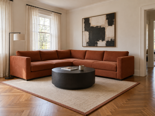 A rust colored L-shaped sectional with a low tight back in the corner of a warm white living room with a herringbone oak floor, a round blackened oak coffee table in front and clear floor around it.