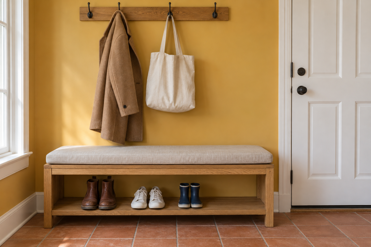 An oak entryway bench with a linen cushion and a shelf of boots and sneakers beneath it, below coat hooks on a saffron yellow wall.