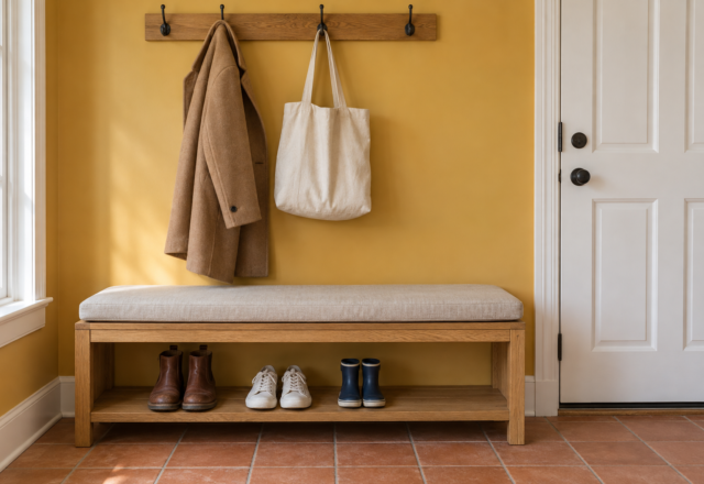 An oak entryway bench with a linen cushion and a shelf of boots and sneakers beneath it, below coat hooks on a saffron yellow wall.