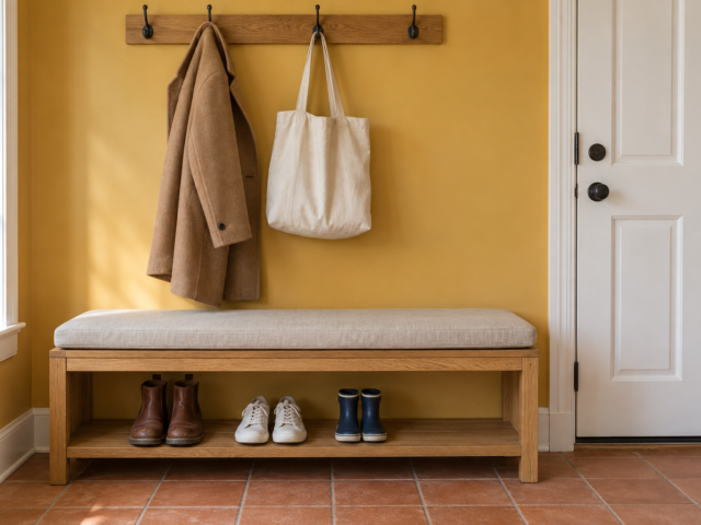 An oak entryway bench with a linen cushion and a shelf of boots and sneakers beneath it, below coat hooks on a saffron yellow wall.