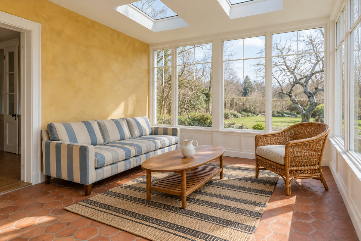A sunroom with glass on three sides, a saffron yellow limewashed back wall, a terracotta hexagonal tile floor, a cream and blue striped sofa, and an oval teak coffee table.