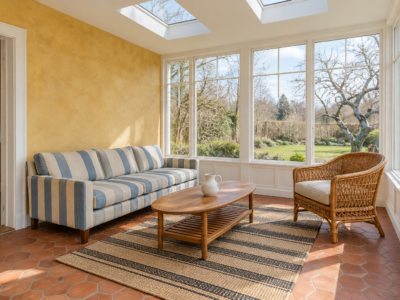 A sunroom with glass on three sides, a saffron yellow limewashed back wall, a terracotta hexagonal tile floor, a cream and blue striped sofa, and an oval teak coffee table.