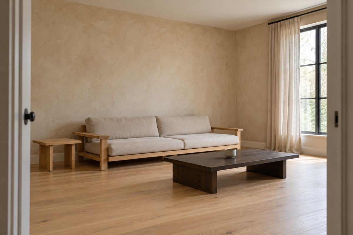 A Japandi living room with warm sand limewashed walls, a low pale oak sofa with oatmeal linen cushions, a dark stained oak coffee table, and unlined linen curtains at the window.