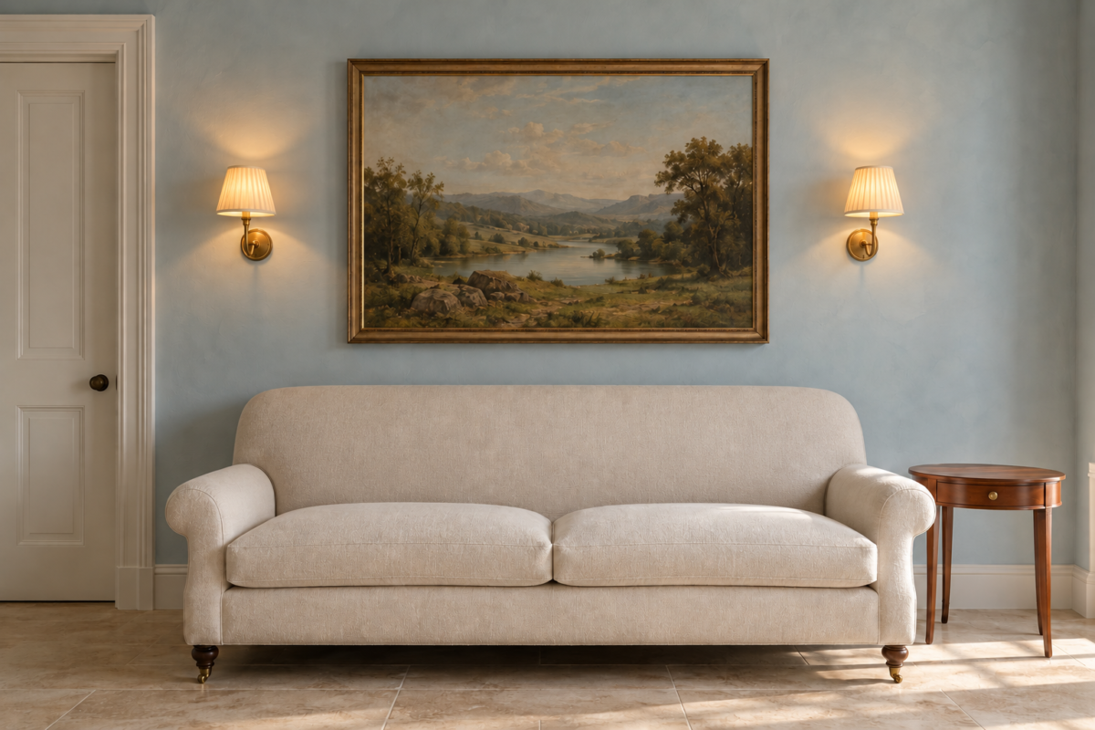 Two brass wall sconces with small pleated shades on a pale blue wall, one on each side of a framed painting above a cream sofa.
