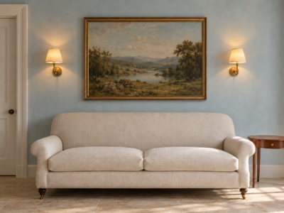 Two brass wall sconces with small pleated shades on a pale blue wall, one on each side of a framed painting above a cream sofa.