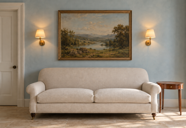 Two brass wall sconces with small pleated shades on a pale blue wall, one on each side of a framed painting above a cream sofa.