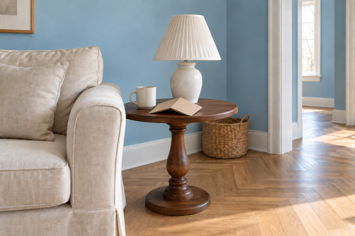 A round walnut end table with a lamp, a mug, and a book beside a cream sofa in a sky blue living room.