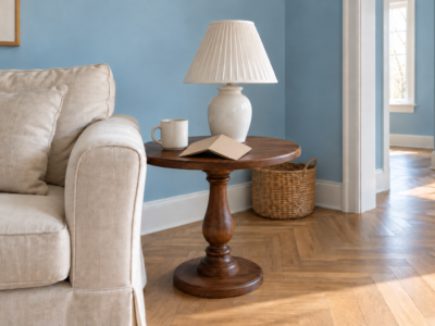 A round walnut end table with a lamp, a mug, and a book beside a cream sofa in a sky blue living room.