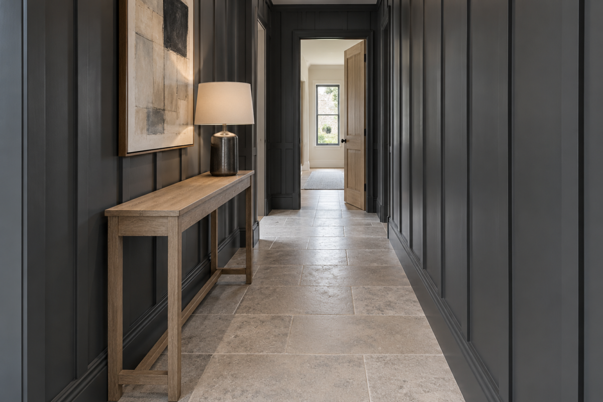 A slim wood console table with a lamp along a hall of dark slate-gray paneling and a limestone floor, with a clear walkway beside it.